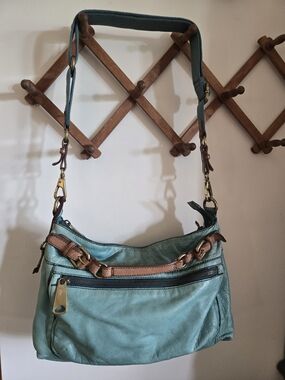 Fossil Teal Leather Crossbody Bag with Brown Trim